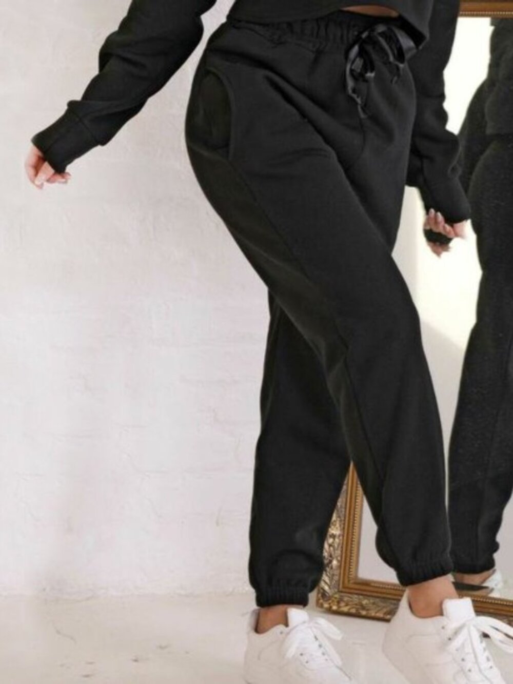 Black Ribbon Drawstring Gathered Joggers Sweatpants